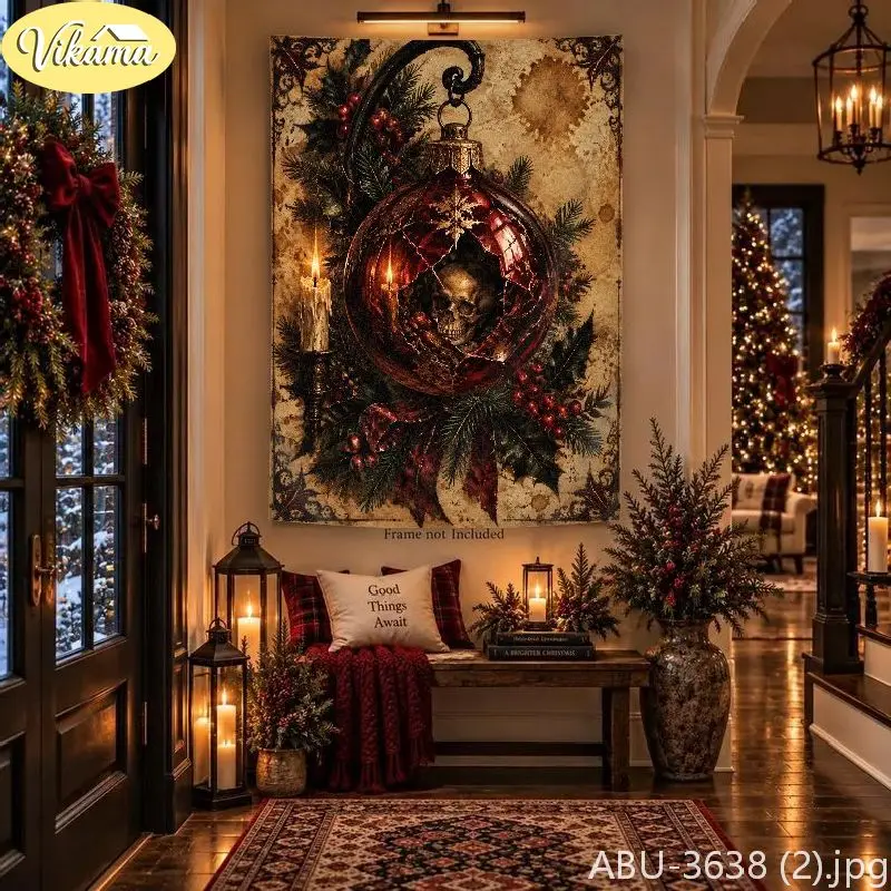 VIKAMA Dark Christmas Skeleton Santa Claus Doll Tapestry, Gothic Background Cloth, Party Wall Decor
