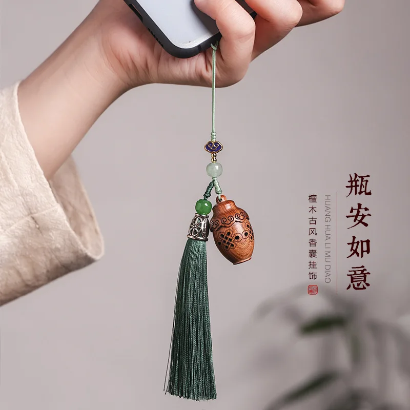 Pear Wood Carving Art Antique Style Hollow Out Sachet Gawu Tassel Treasure Bottle Mobile Phone Pendant