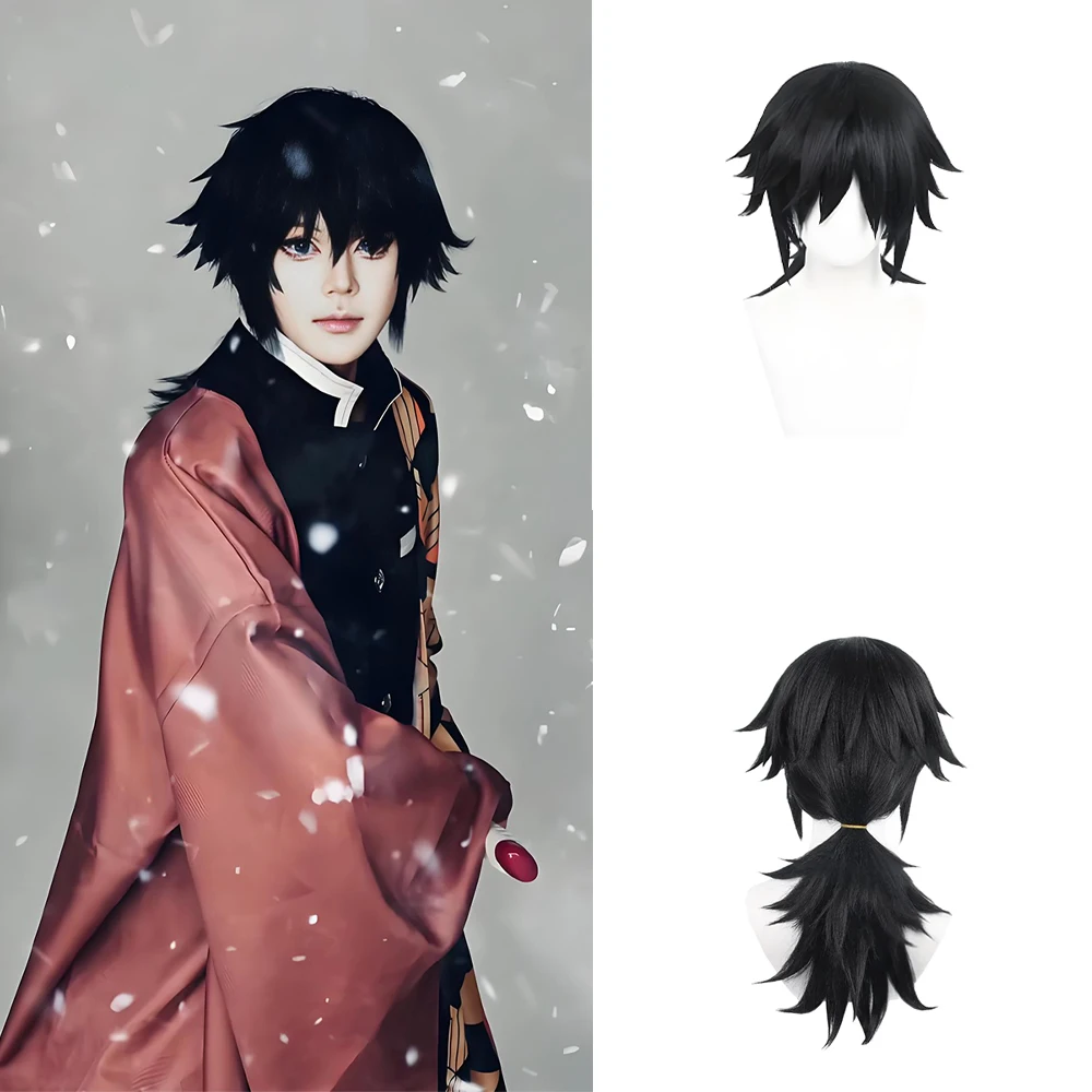 

"Anime Demon Slayer Tomioka Giyuu Cosplay Composite Hair 20-Inch Black Ponytail Layered Style Halloween Party Daily Wig.