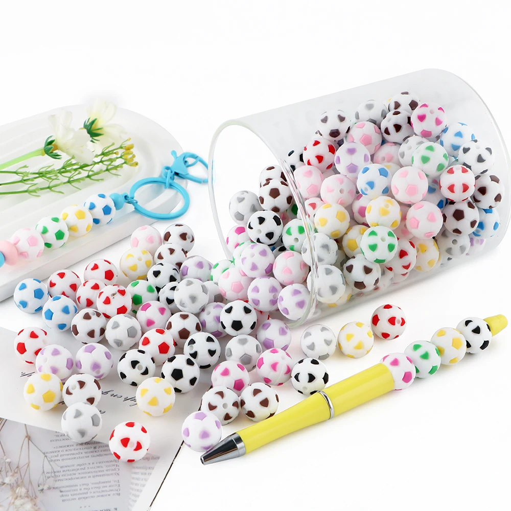 

15-30pcs/Lot New 15mm Colored Football Silicone Round Beads For Jewelry DIY Bracelets Key Chain Pen Handmade products Accessory