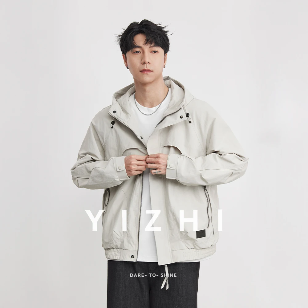 High Street Silhouette Workwear Jacket Men's 2026 Spring Autumn Drawstring Hooded Design Outdoor Trendy Jacket Jacket