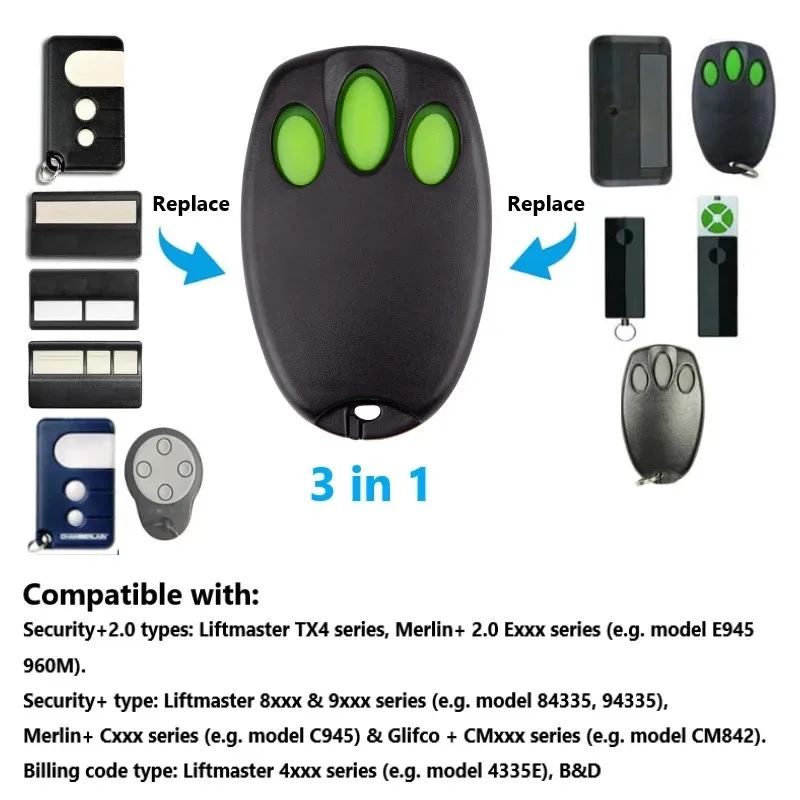 Compatible with Security+ 2.0 Type Liftmaster TX4 Merlin+ 2.0 c945 E950 Liftmaster 94335e TX4UNIF 433 garage door remote control