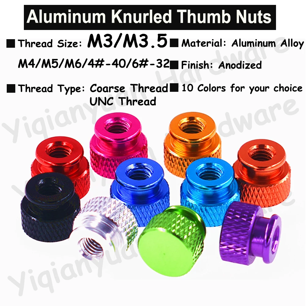 Yiqianyuan 5Pcs GB806 M3-M6 UNC 4#-40 6#-32 Knurled Thumb Nuts Colorful Aluminum Hand Tighten Blind Hole Screws for 3D Printers