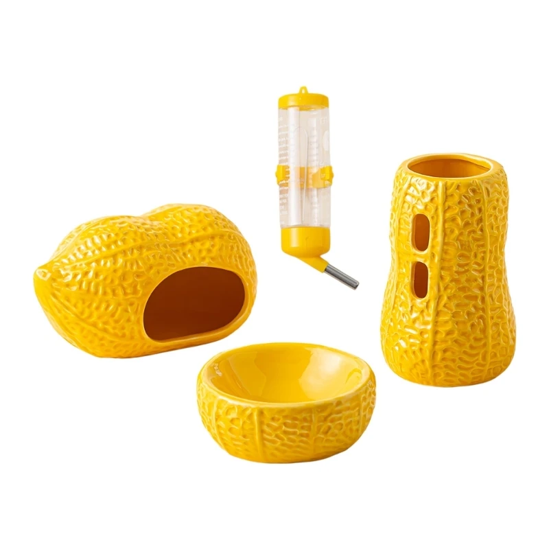 N5KC Ceramic Hamster Habitat Set for Small Animals, 3 Pcs Bowl and Shelter Accessories for Cage Feeding Area Use