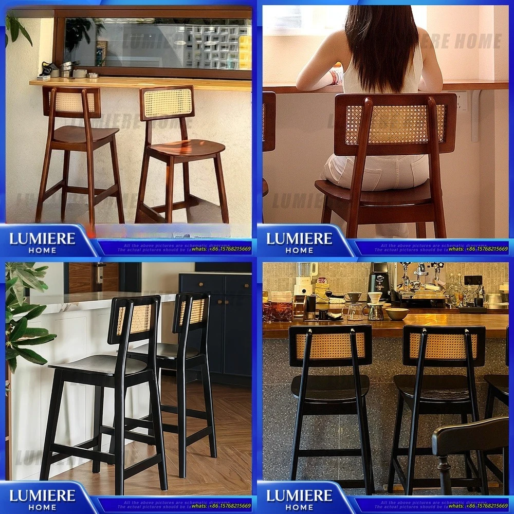 Scandinavian Solid Wood Wicker Bar Stool High Backless Dining Chair for Kitchen Island Cafe Restaurant Home Use Modern Design