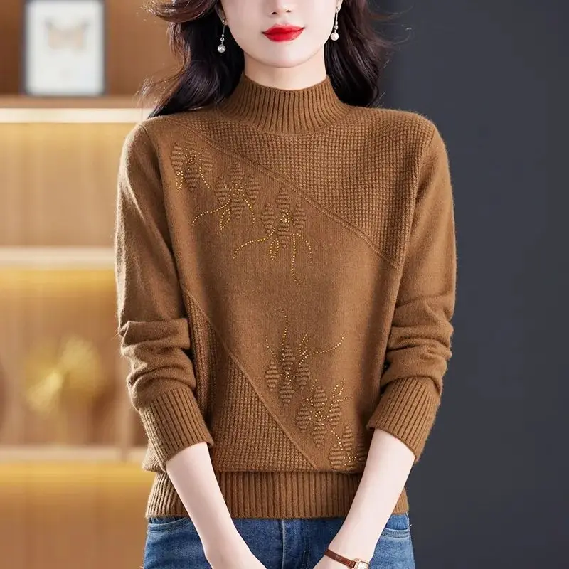 Crew Neck Autumn Winter Plant&Flowers Screw Thread Solid Color Pullover Button Long Sleeve Sweater Knitted Women's Clothing Tops