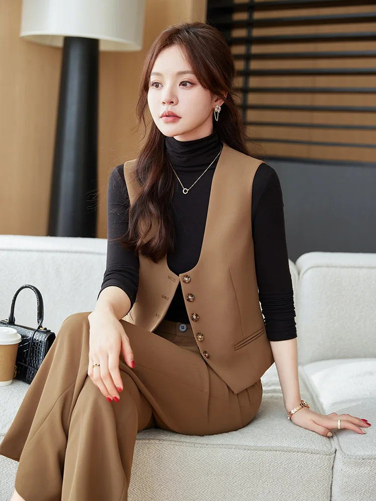 

Brown Vest Suit Women's Small Spring and Autumn Business Wear Elegance Sleeveless Suit Vest Overalls Two-Piece Suit