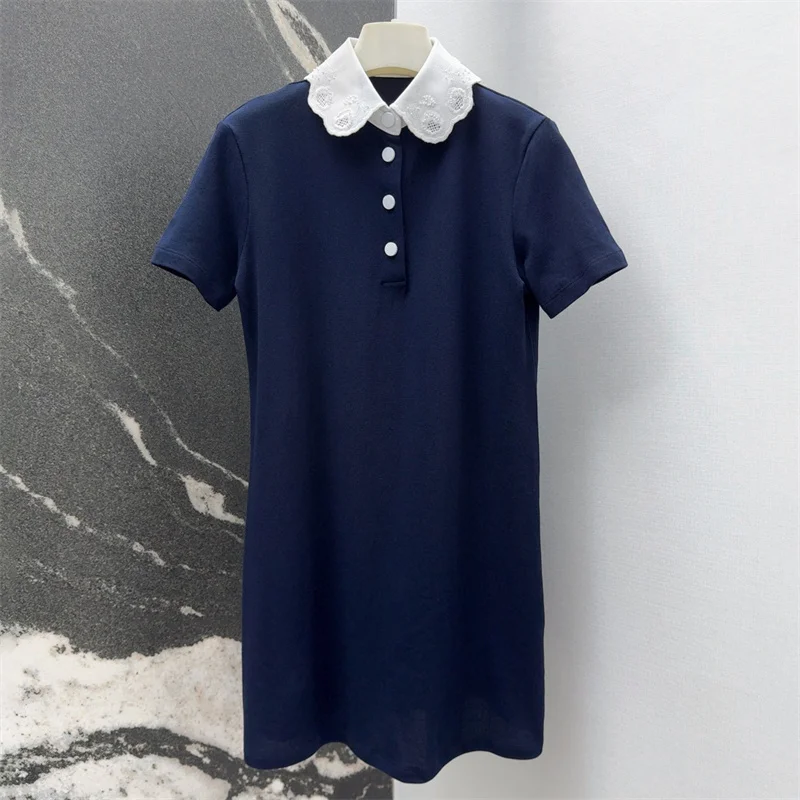 

Womens dresses New summer 2025 polo collar slim fit short sleeved mini dress Lace splicing short dresses banquet party dresses