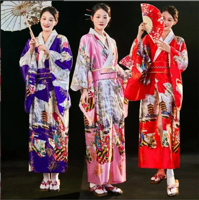 

2026 Wholesale New Style Japanese Kimono Women's Satin Printing Kimonos Robe Long bathrobe Stage performance Dress Suit