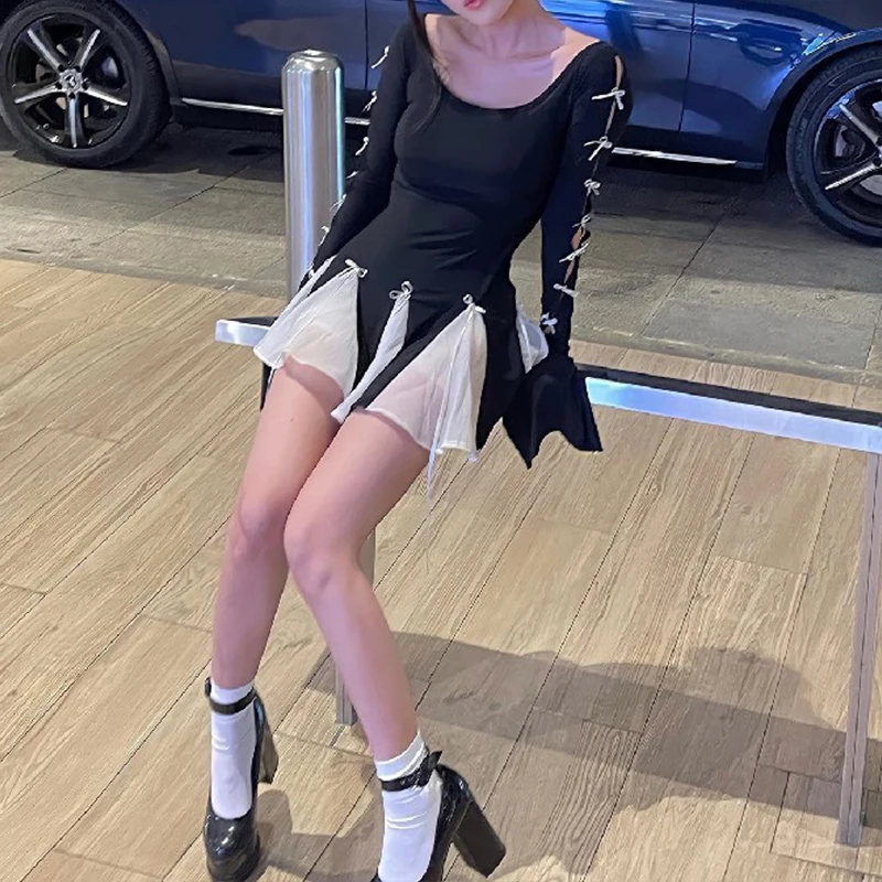 Mini abito nero per le donne autunno Patchwork moda manica svasata fasciatura Sexy o-collo a-line Dress Casual Club elegante Partywear