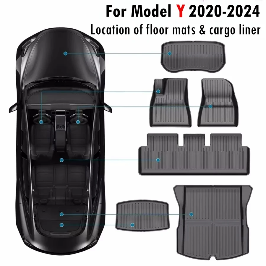 TPE Floor Mats For 2024 -2020 Tesla Model Y 5-Seater Frunk & Trunk Cargo Liner All-Weather Protection Floor Liners