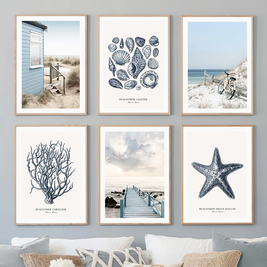 Sketch Beach Hut Bridge Reed Starfish Conch Coral Ocean Wall Art Canvas Painting Poster Aesthetics For Living Kawaii Room Decor