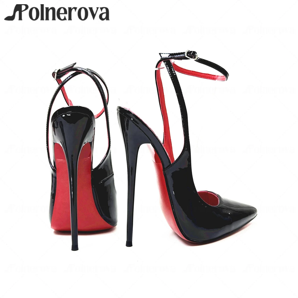 

Pointed Toe Ankle Strap Pumps 16cm Lacquered Heel Buckle High Heels Sexy Style Red Lining Stilettos for Women Custom Multicolor