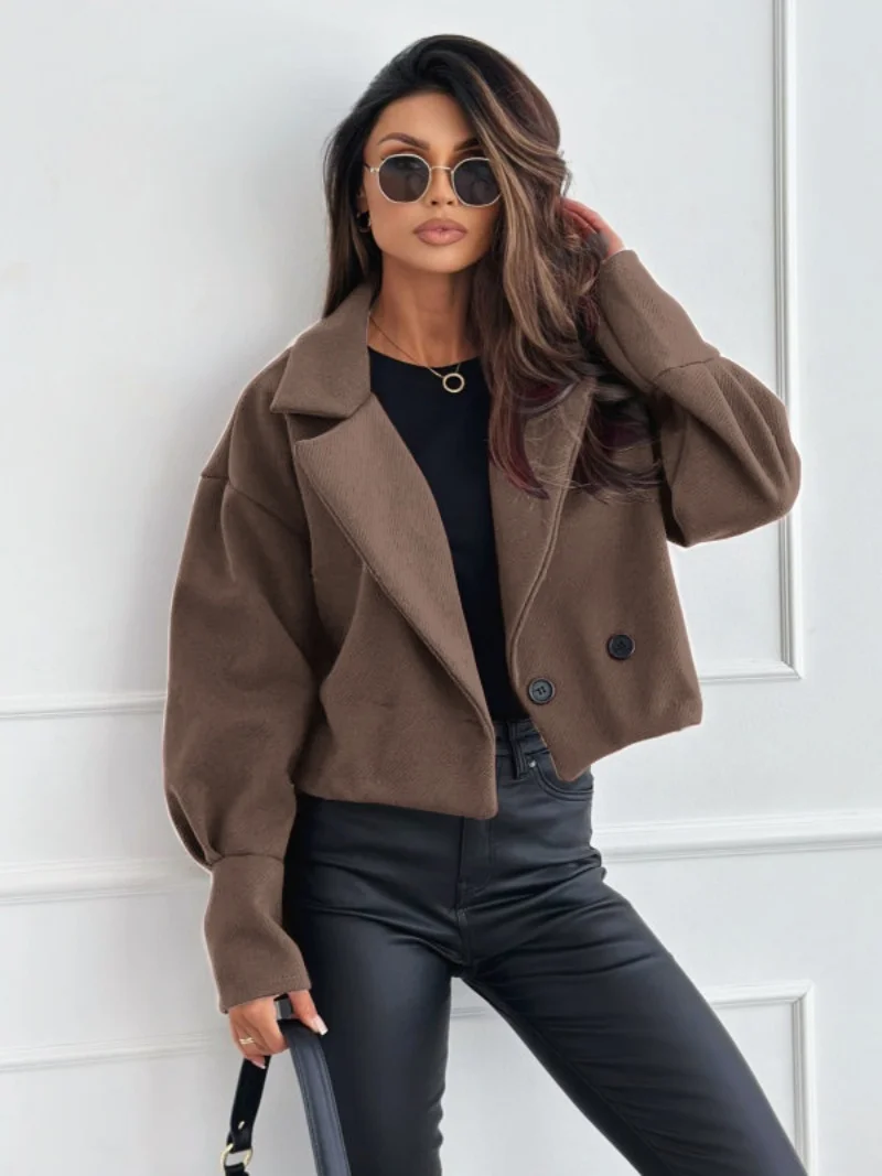 Ležérní kardigan bunda s klopovým límcem, stylový dámský podzimní zimní kabát, krátký odkládací kabát pro denní nošení, jednobarevný, volný střih, ale - náhled 4