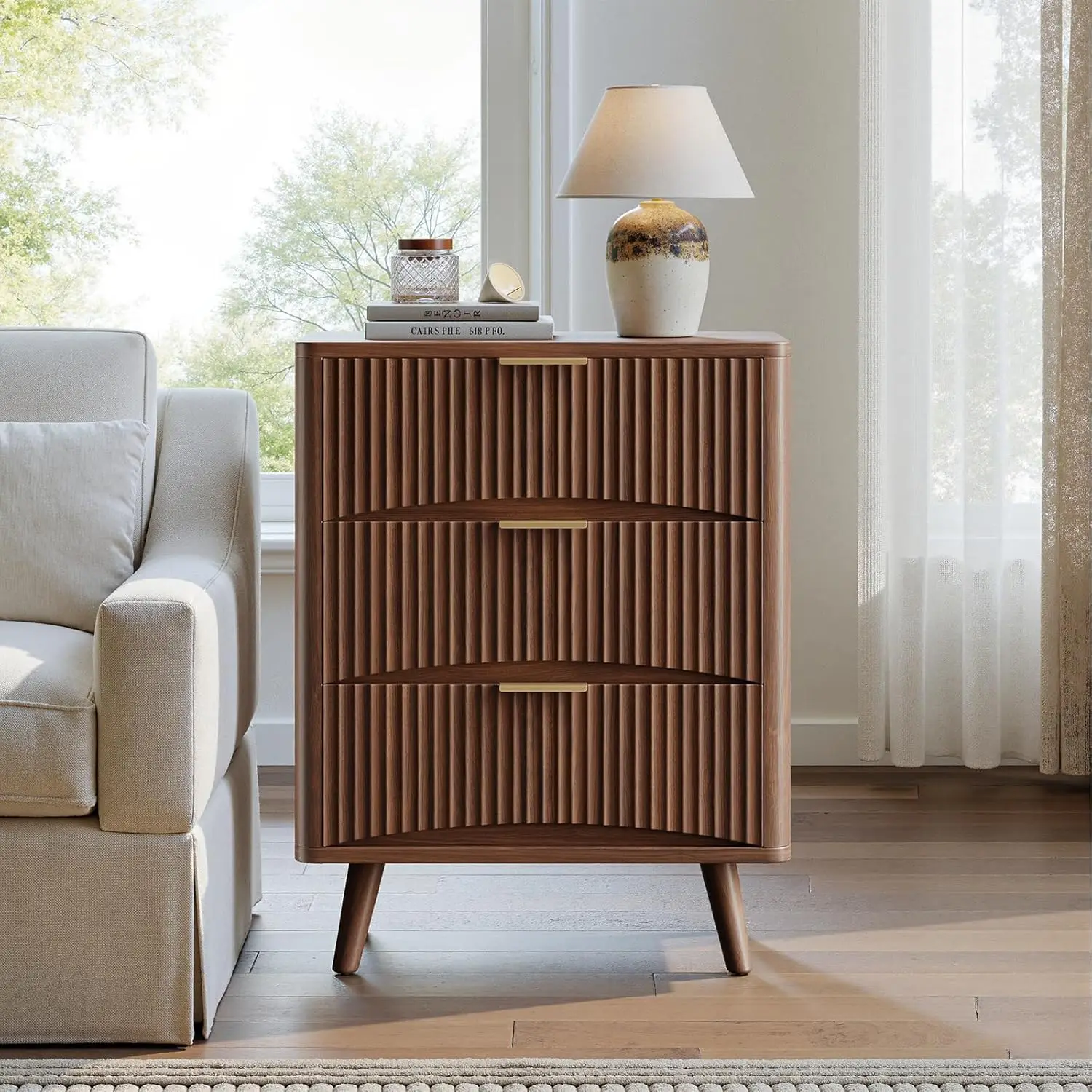 29'' Tall Fluted Nightstands Set Of 2 Walnut 3 Drawers Wooden Bedside Table Mid Century Modern Bedroom, Customized - view 3