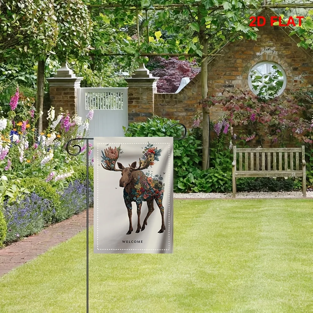 1pc Welcome Floral Moose Garden Flag 2D Flat Artistic Wildlife Outdoor Yard Decor Banner