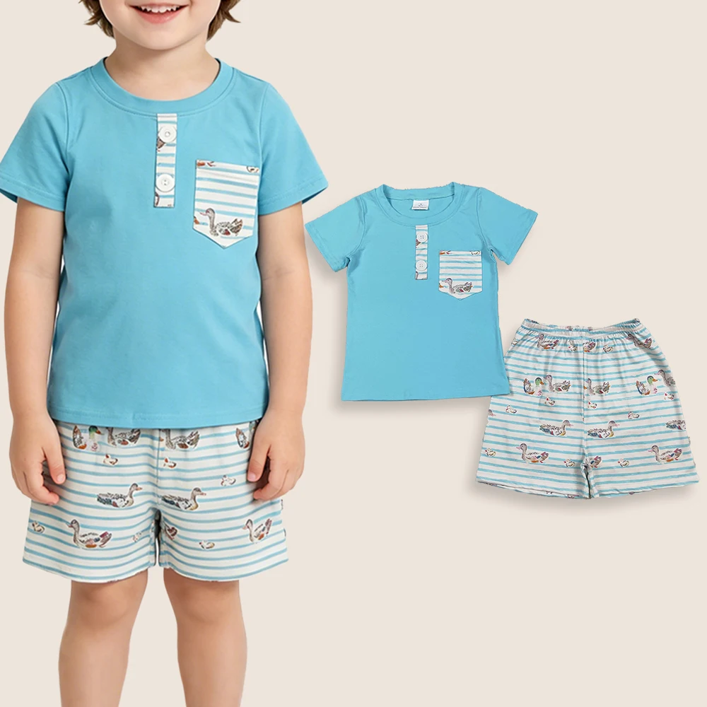 Wholesale Children Short Sleeves Pocket Buttons Shirt Toddler Ducks Stripes Shorts Kids Boys Outfit Baby Boy Summer Set Clothes