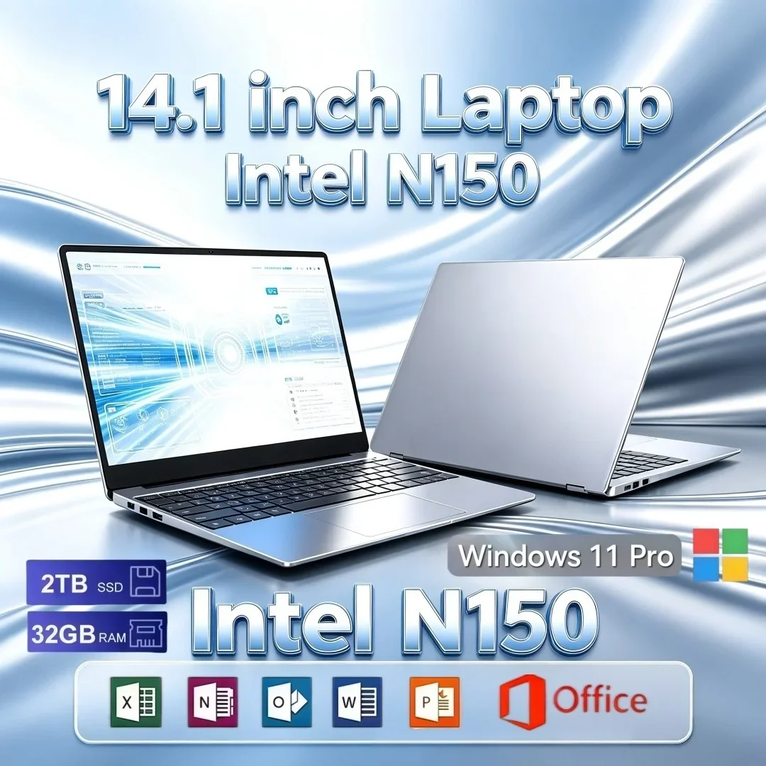 14.1 Inch High‑Performance Ultra Slim Laptop Intel N150 16GB/32GB RAM 1TB/2TB Big SSD Windows11 Notebook Portable Study Office