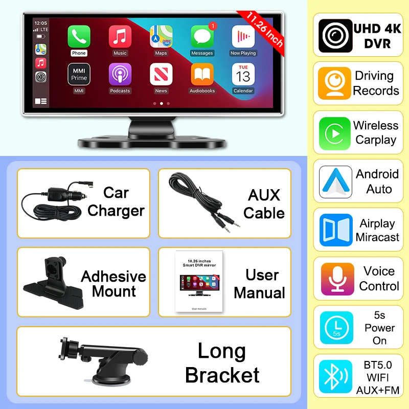 11.26 インチ 4K ダッシュカム車 DVR CarPlay Android 自動車ビデオ