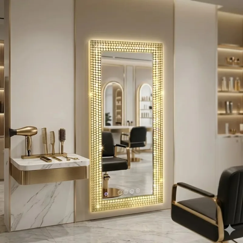 Luxury Dressing Mirror Vintage Full Length Diamond Mirror Standing Gold Led Vanity Mirror for Bathroom
