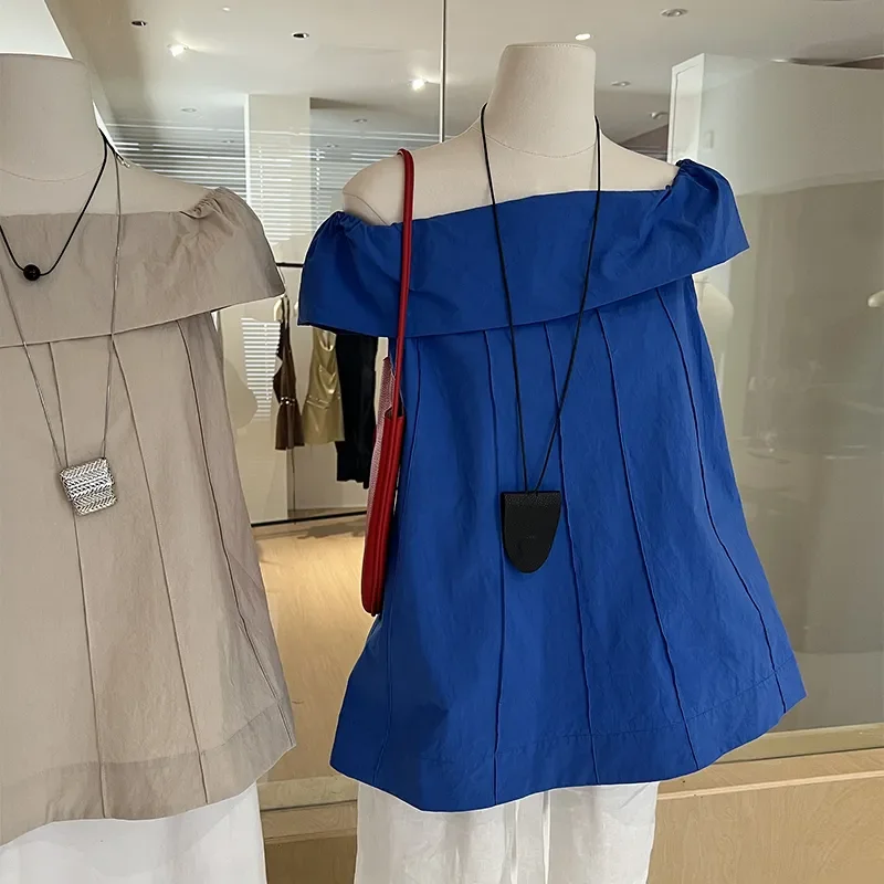 

Women's Bright Blue Off-The-Shoulder Short-Sleeve Blouse With Pleated Detail And Wide Collar Design