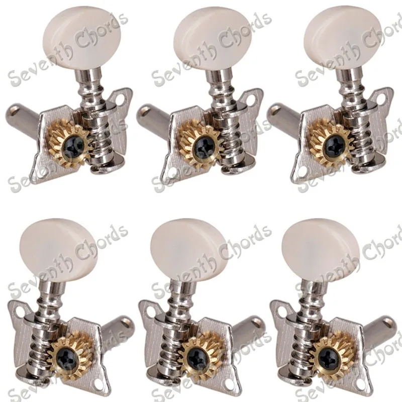 6 Pcs Silver Open Gear Acoustic Guitar String Tuning Pegs Machine Heads Tuners With White Small Oval Button Guitar Accessories