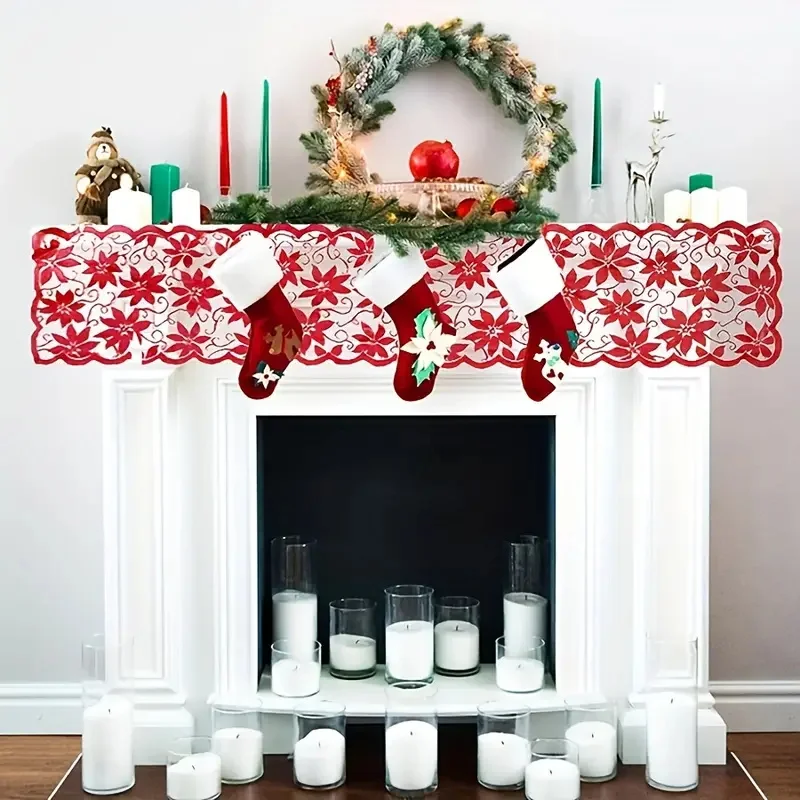1pc Red Flower Lace Table Flag Christmas Theme Decorative Tablecloth Accessories for Festive Celebrations
