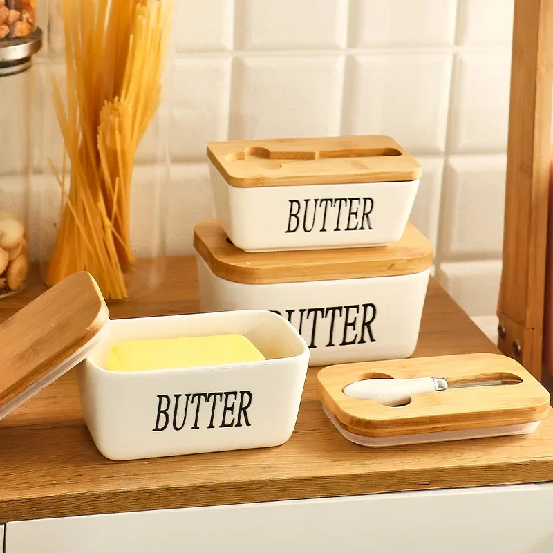 Ceramic Butter Container with Bamboo Lid Cheese Storage Box with Knife Sealed Butter Dish for Tableware Dairy Keeper