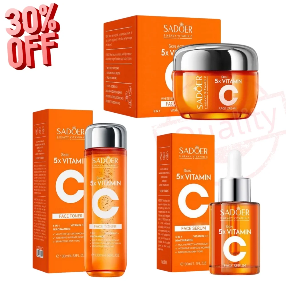 SADOER 5x Kit de cuidado de la piel con vitamina C - Tónico de 130 ml + Suero de 30 ml Niacinamida 5 en 1, ilumina, hidrata, crema antioxidante para el cuidado de la piel