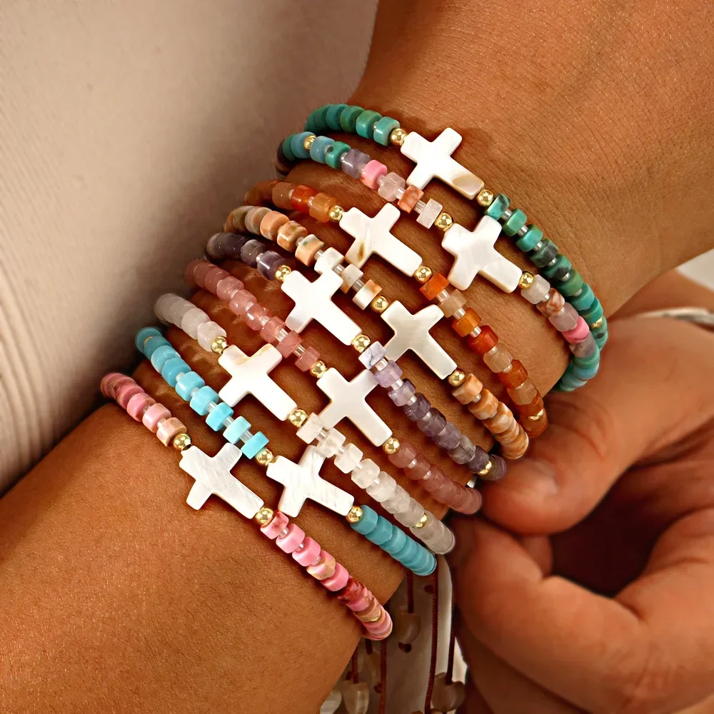 سوار من الأحجار الطبيعية متعدد الألوان بطراز بوهيمي للنساء ، صدفة ، قلب خوخ ، صليب ، بطاقة عيد الفصح ، موضة يومية ، هدية ، 1: #3