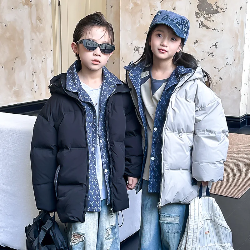 Winter 2024 Ins Kids Boys Fake Two Denim Down Jackets Hooded Thickened Spliced Warm Teenader Girls Coat Children Boys Outerwears