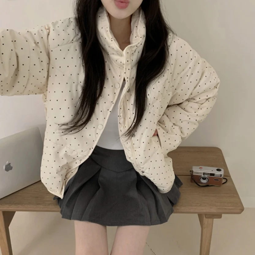 

Женское шикарное зимнее пальто в горошек в пуху, свободное пальто с хлебом, студенческая милая антивозрастная корейская система, хлопковая одежда