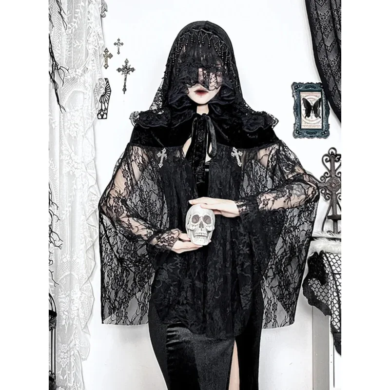 

FC6Halloween Costume Solid Color Lace Hooded Gothic Witch Black Magic Cape Dark Retro Cape Smock Festive Cosplay@FC8！