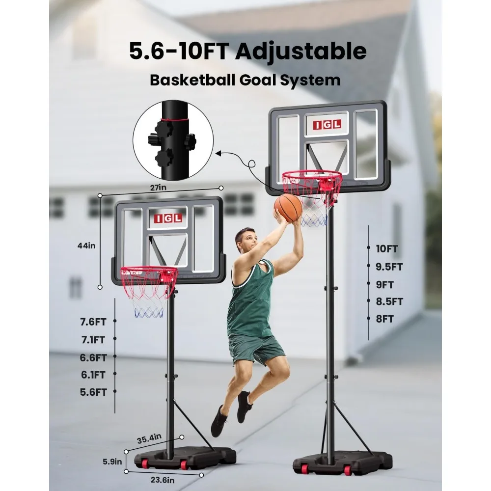 Portería de baloncesto ajustable para exteriores de 10 pies con tablero inastillable de 44 pulgadas y funciones de ajuste de altura