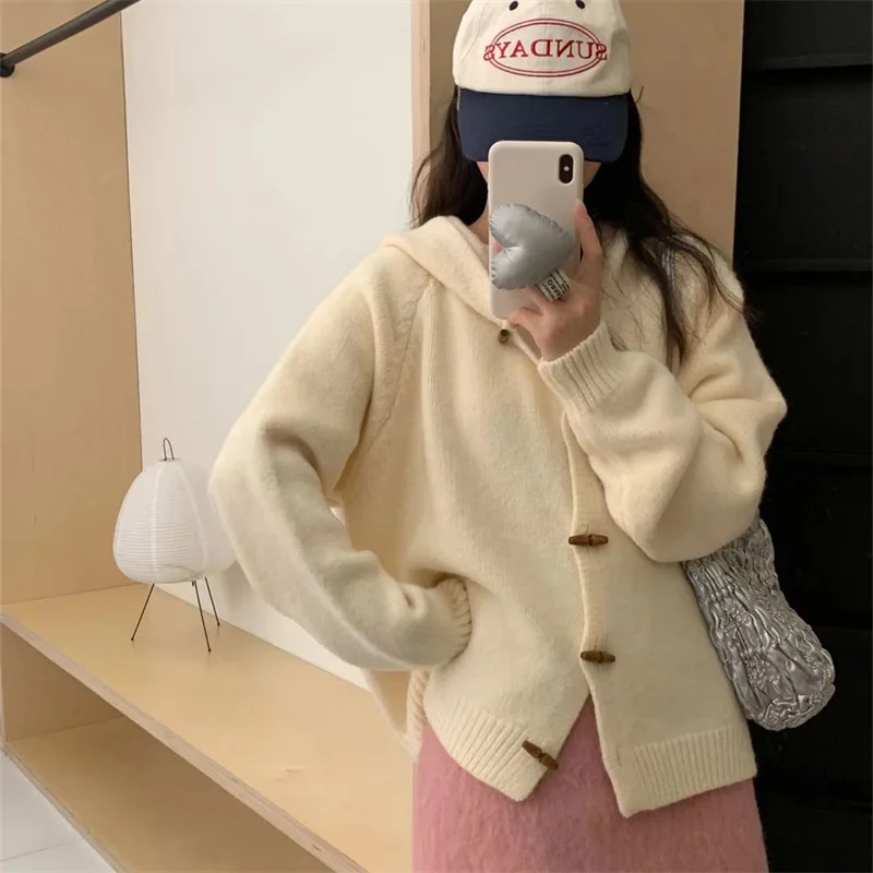 

Lazy Style Loose Women Sweater Hooded Long Sleeve Sweater for Women Autumn Spring Fashion Casual Cardigan Coat Short Sweater Top