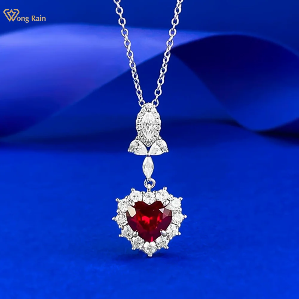 

Wong Rain 100% 925 Sterling Silver Heart Cut 8*8 MM Ruby High Carbon Diamond Gemstone Pendant Necklace Fine Jewelry Wholesale