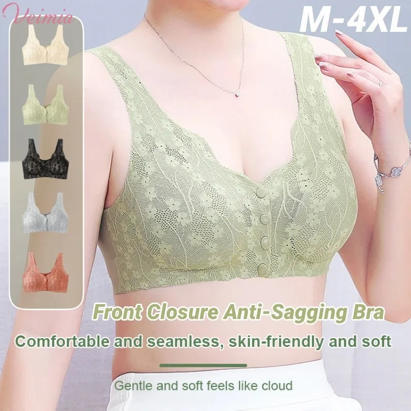 Veimia reggiseno con chiusura anteriore Lingerie Push-Up Anti-cedimento da donna senza filo modello di pizzo intimo reggiseno con supporto superiore senza cuciture