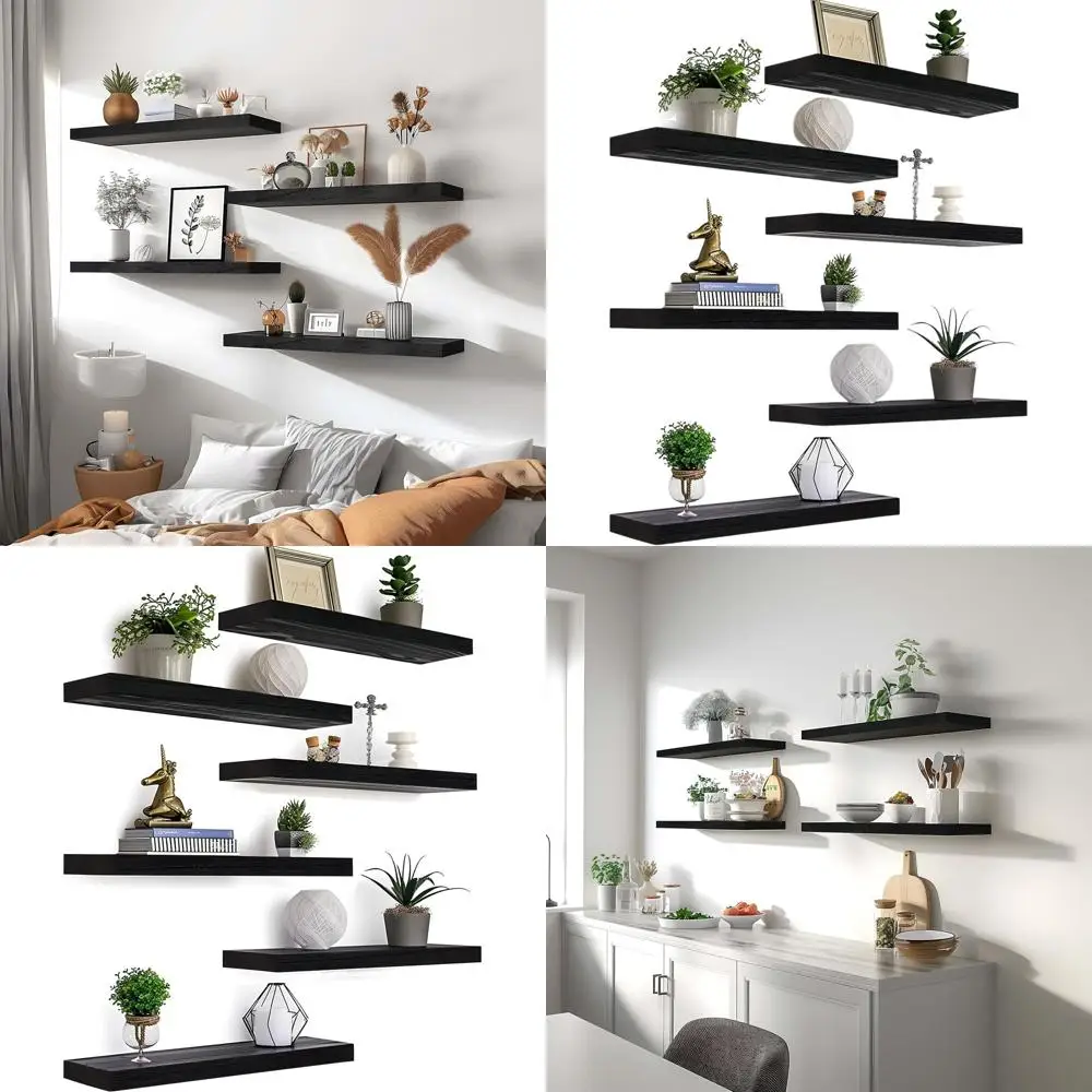 

Rustic Black Wood Wall Shelves - Set of 6 for Bedroom Decor