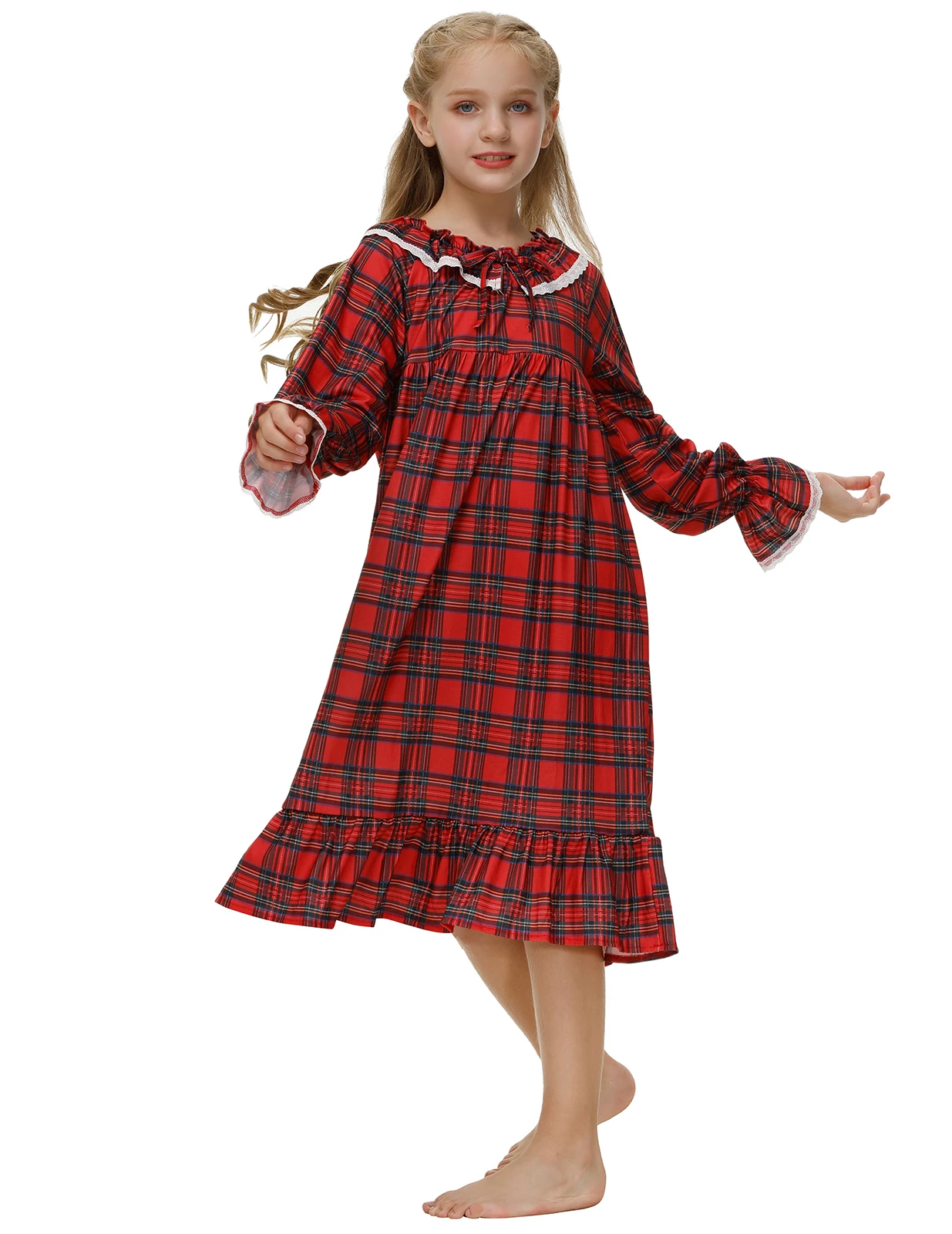 Aamikast Children Girl Dress Princess Sleepshirts Kid Ruffles Christmas Red Plaid Nightdress Lounge Sleepwear
