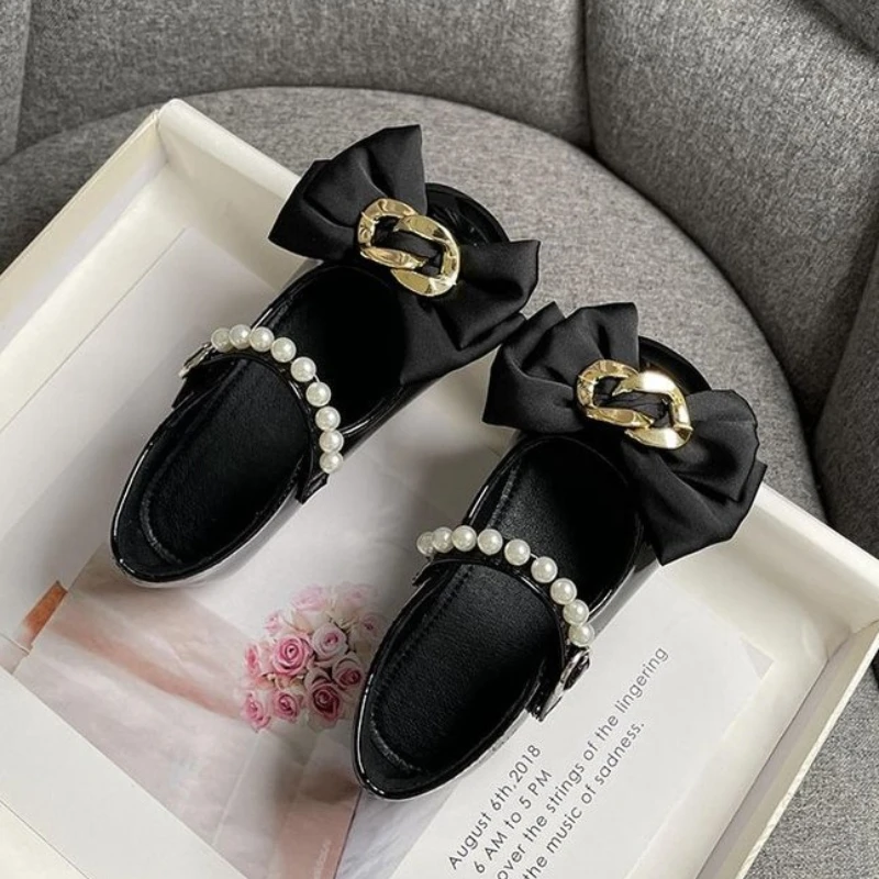 Girl\'s Mary Janes Metal Chain Ribbon Luxury Elegant Kids Princess Shoes Three Colors 26-36 Wedding Party Children Flat Shoes