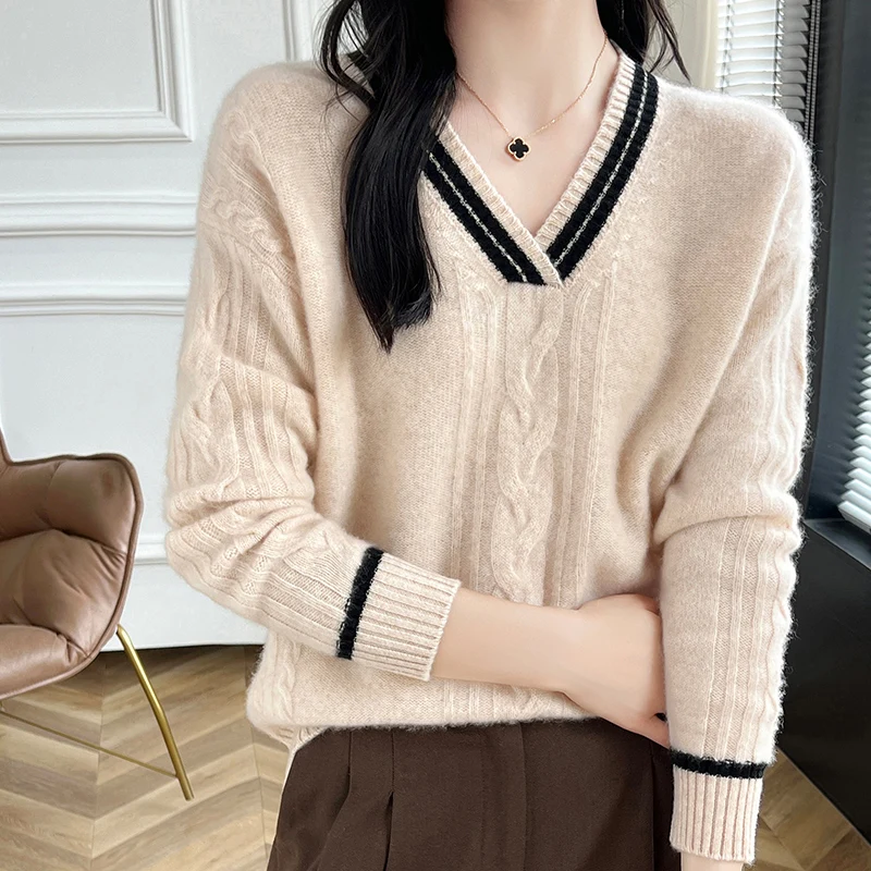 Wheat autumn and winter new 100% Merino wool cashmere cardigan Women's V-neck cardigan warm bottom knit shirt top