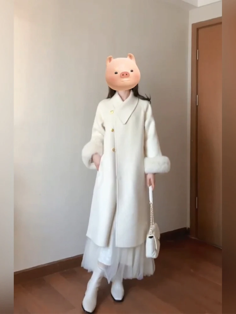 

Женское шерстяное пальто большого размера с меховой отделкой, зимнее, премиум-класса, элегантное, средней длины, с модными корейскими манжетами