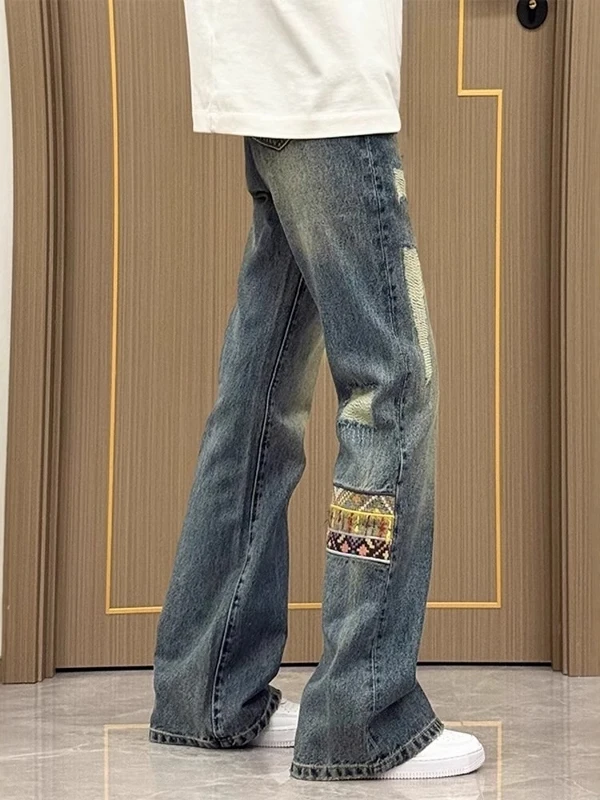 

Модные американские винтажные мужские джинсы в стиле пэчворк с этническими элементами, прямые, слегка расклешенные, с дизайнерским поясом CleanFit
