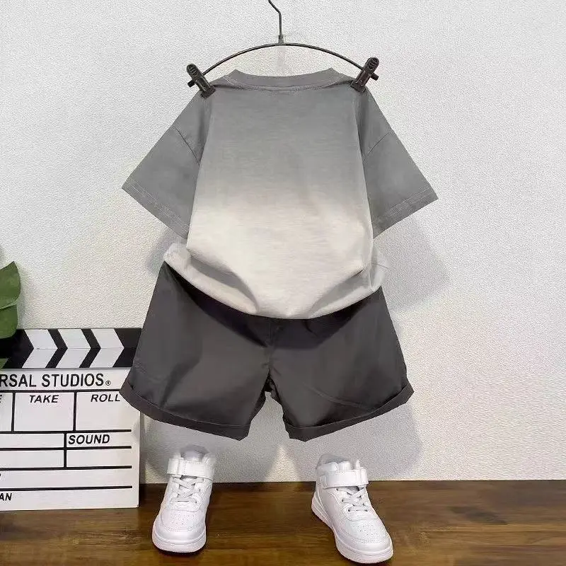 Boys Summer Boutique Clothes Gradient Color Short Sleeve Pullover T-Shirt+Pocket Shorts 2pcs Kids Korean Sport Casual Outfits