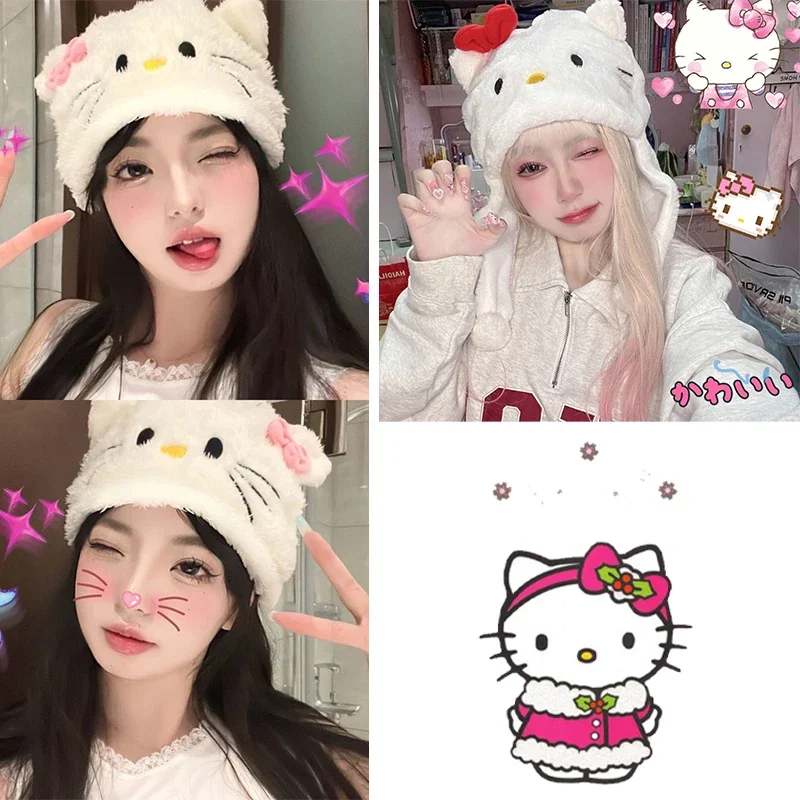 Hello Kitty Plush Hat Fashion Women Winter 3d Stereo Embroidery Warm Hat Cartoon Girl Beanie Plush Hat Toys for Girlfriend Gifts