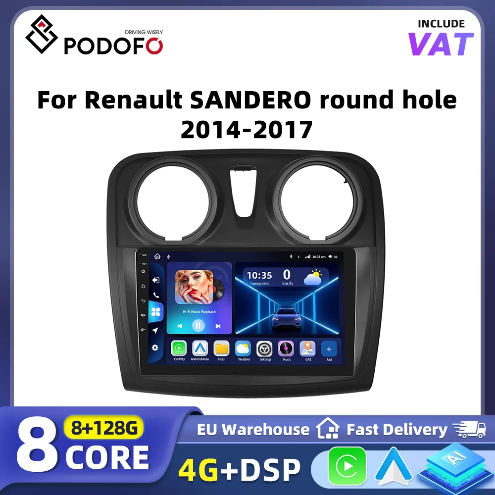Podofo 8Core Android 2-DIN-Autoradio für Renault Logan 2 Sandero 2014-2017 mit Carplay, Android Auto, Stereo, Radio und GPS