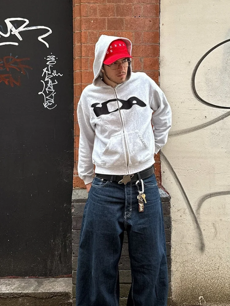 Y2k streetwear hip hop carta retalhos com capuz aberto cardigan zíper solto ajuste outono inverno moletom para mulher