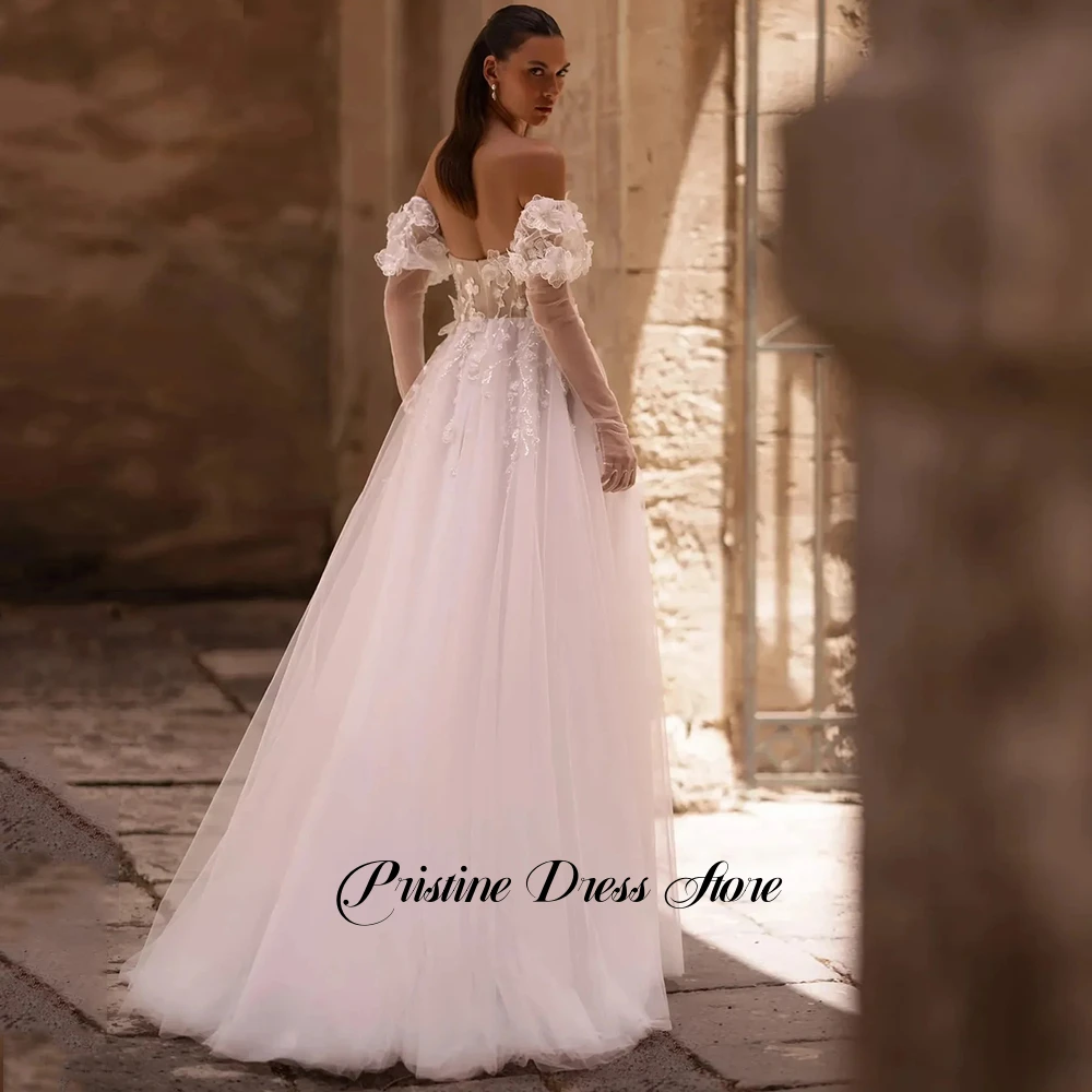 정교한 튤 A라인 사이드 슬릿 웨딩드레스 신부 맞춤형 스위트하트 아플리케 탈부착 가능한 소매 백리스 브라이덜 가운