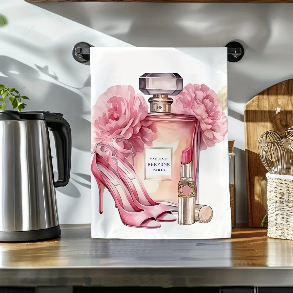 1pc Watercolor Paris Perfume High Heels Lipstick Scrub Cloth,Soft Face& Hand Towel,Perfect for Kitchen, Bathroom, Vanity, Closet