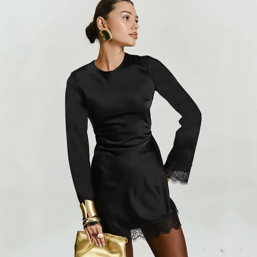 Linad Elegancka Brązowa Jedwabna Mini Sukienka Damska Codzienna Sukienka z Wysokim Stanem w Kształcie Litery A Moda Wiosna 2026 Sukienka z Długim Rękawem i Dekoltem O